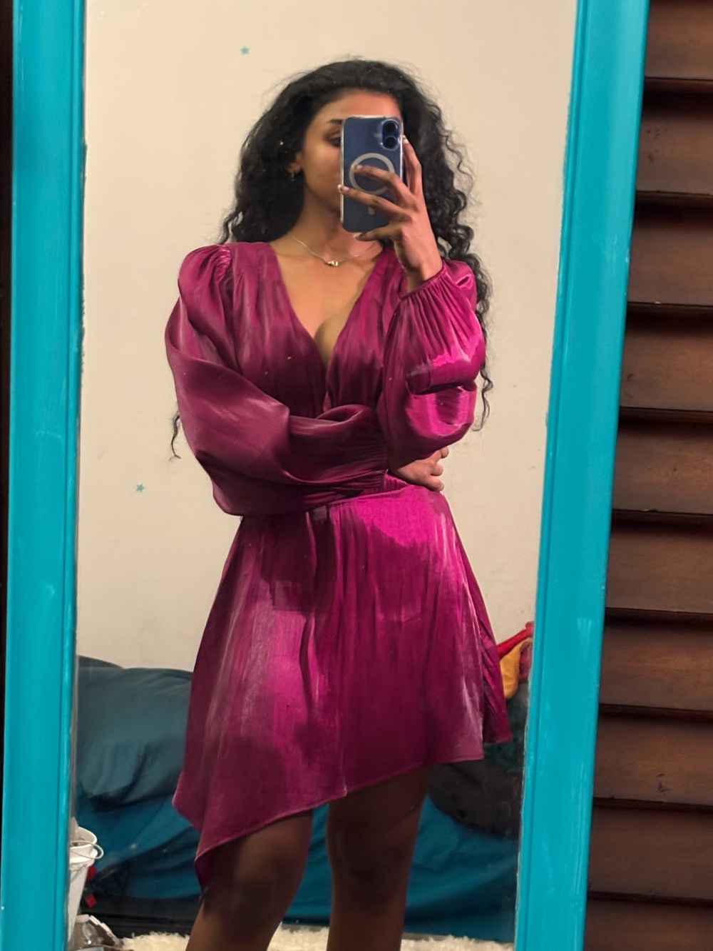 Tularosa Magenta Satin Asymmetrical Wrap Dress